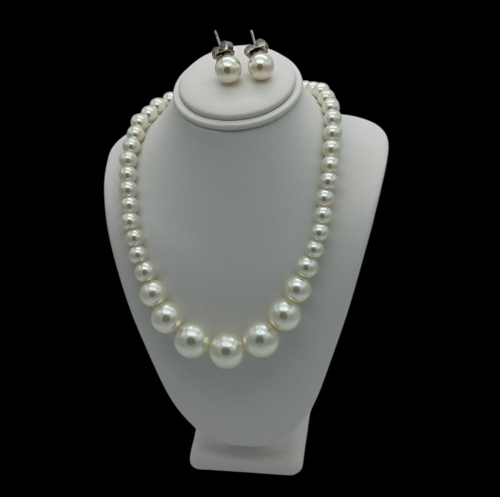 White Faux Pearl Necklace Earrings Set Silver Tone Bridal Wedding Jewelry